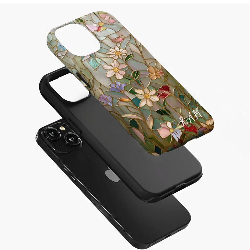 Personalized Floral Stained Glass Phone Case with Initial for iPhone Gift for Gardening Lovers 