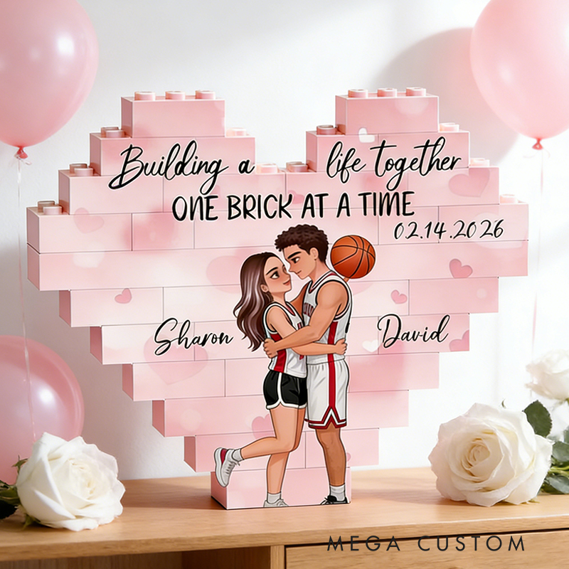 Personalized Basketball Couple Heart Building Block Building a Life Together One Brick at a Time  with Custom Names and Date Valentine's Day Gift