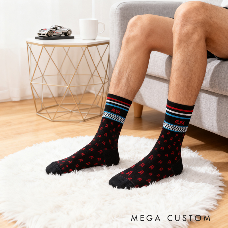 Personalized Checkered Flag Custom Name Socks Personalized Monogram Racing Style Blue and Red Pattern Socks Gift for Car Lovers
