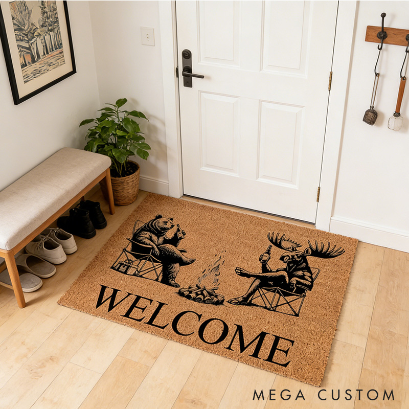 Personalized Welcome Bear & Moose Camp Fire Camping Cabin Funny Coir Doormat Door Mat Newlywed Wedding Gift New Home