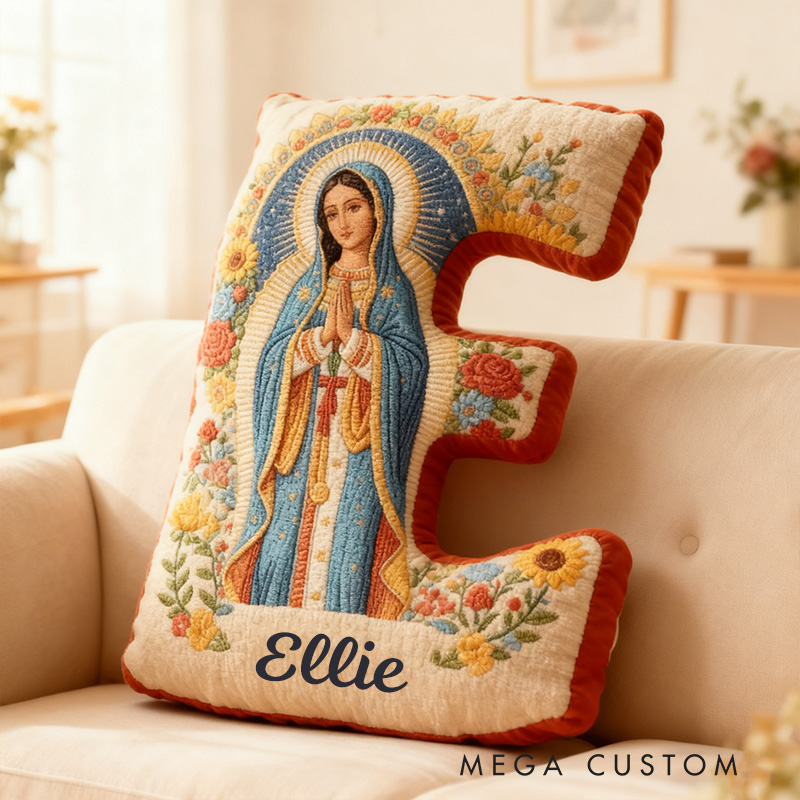 Personalized Virgin Mary Letter Pillow with Custom Name Faith Christian Home Decor Catholic Gift for Her Vibrant Floral Graphic 3D Print Pillow 
