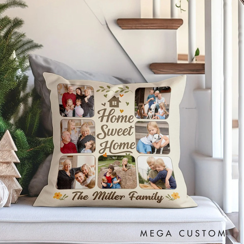 Personalized Home Sweet Home 7 Photos Soft Throw Pillow Cover with Text Home Decor Housewarming Gift for Family