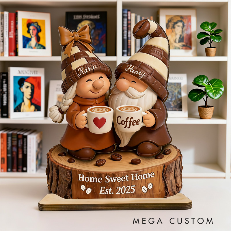 Personalized Home Sweet Home Coffee Gnome Couple Plaque Custom Standing Wooden Plaque Housewarming Gift Valentine's Day Gift