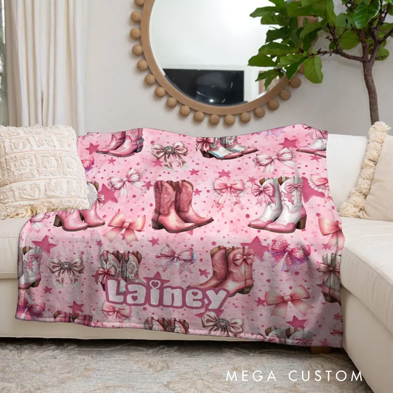 Personalized Pink Coquette Cowgirl Blanket Boots & Bows Pastel Western Custom Name Gift