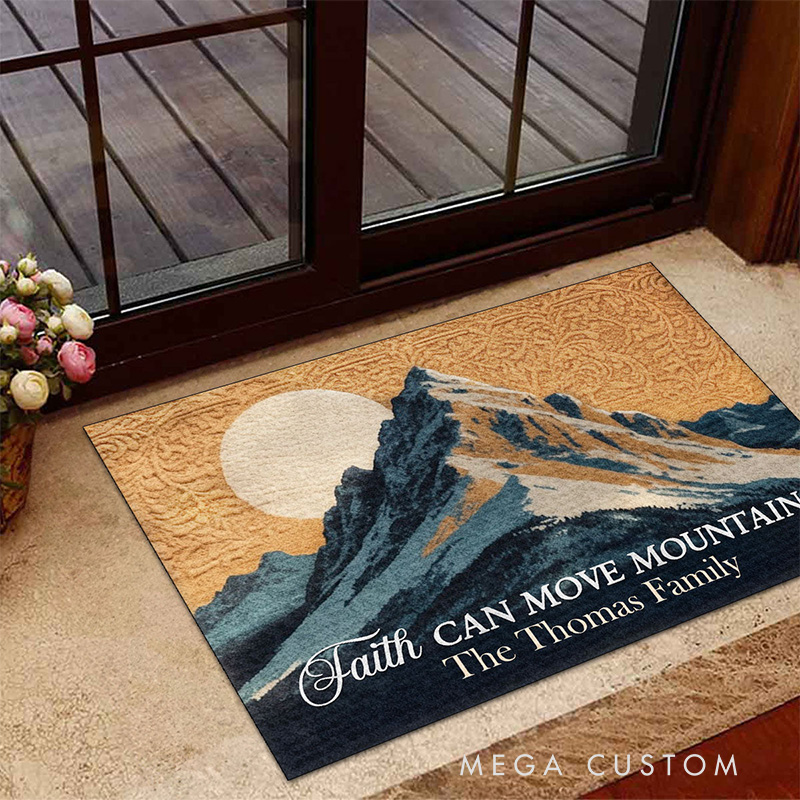 Personalized Faith can Move Mountains Doormat with Custom Family Name Non-Slip Durable Front Door Decor Religious Gift for Faithful Family
