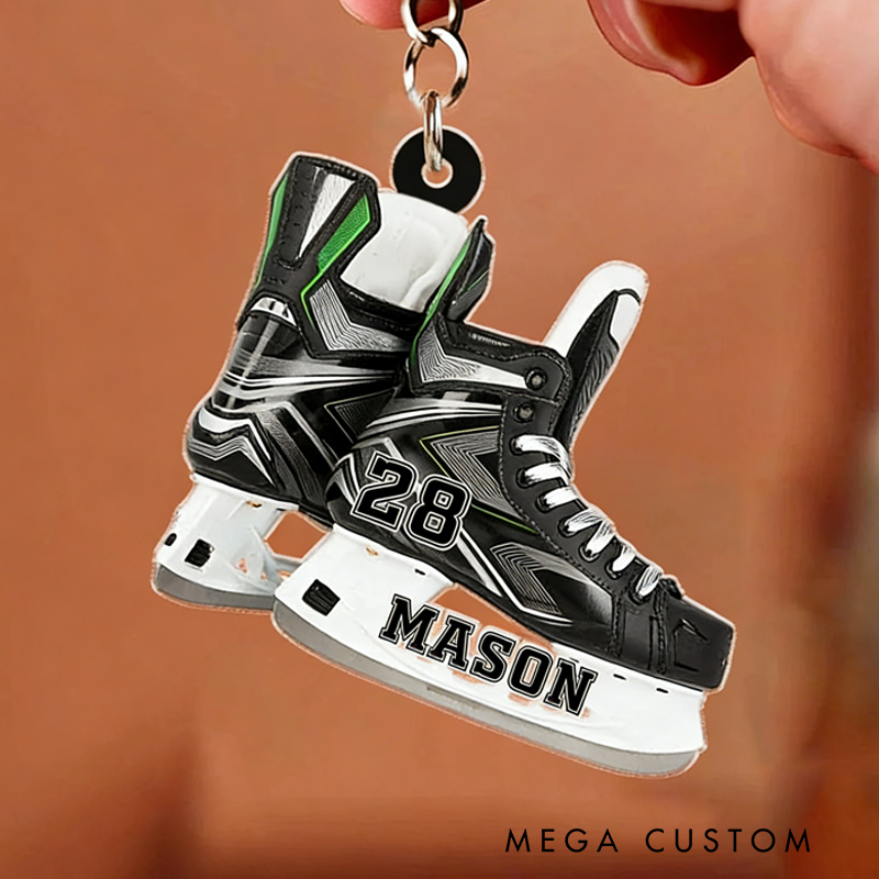 Personalized Ice Hockey Skate Keychain with Custom Name and Number Design