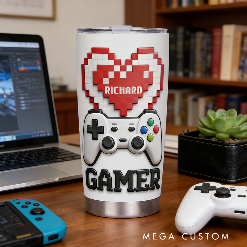 Personalized 2D Flat Pixel Heart 20oz Tumbler Gamer Stainless Steel Tumbler Player Controller Video Game Tumbler Gamer Gift