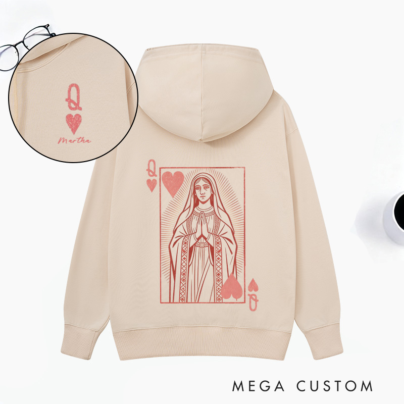 Personalized Virgin Mary Classic Queen of Hearts Hoodies with Custom Name Funny Valentines Day Sweatshirt Valentine Day Gift for Her