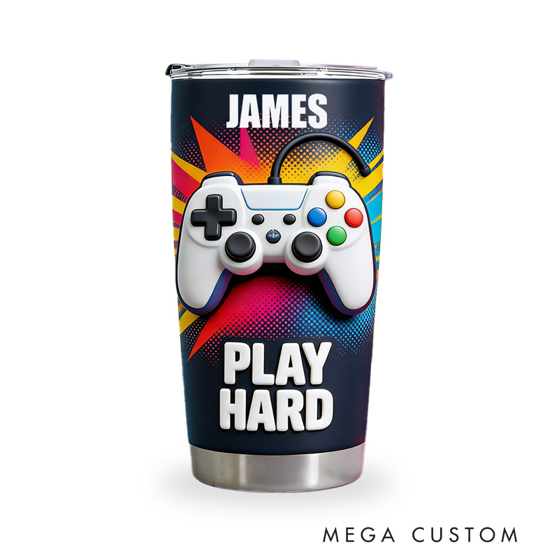 Personalized 2D Flat Comic Style Play Hard 20oz Tumbler Gamer Stainless Steel Tumbler Player Controller Video Game Tumbler Gamer Gift