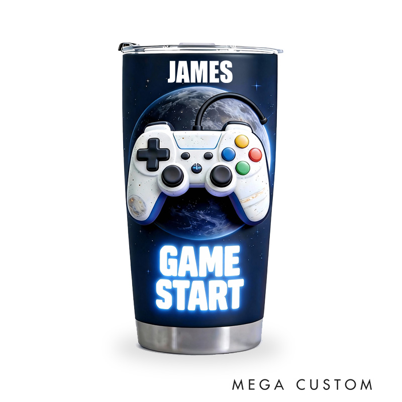 Personalized 2D Flat to the Moon Game Start 20oz Tumbler Gamer Stainless Steel Tumbler Player Controller Video Game Tumbler Gamer Gift
