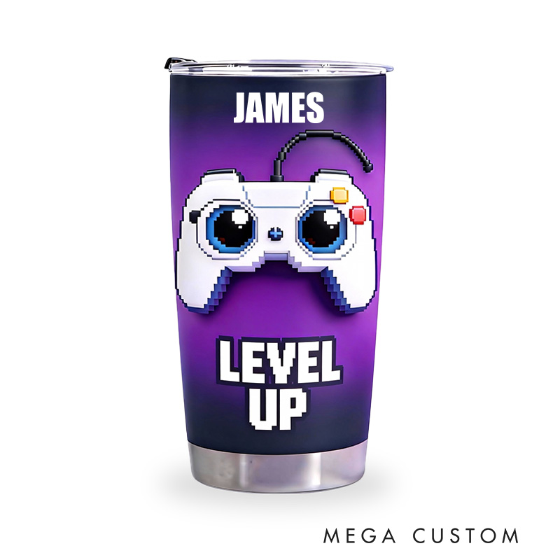 Personalized 2D Flat Pixel Level Up 20oz Tumbler Gamer Stainless Steel Tumbler Player Controller Video Game Tumbler Gamer Gift