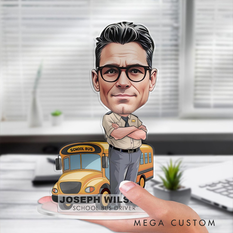 Personalized School Bus Driver Acrylic Figurine Custom Cartoon Portrait Desk Nameplate Funny Caricature Plaque Gift For Teacher Dad Or Coworker
