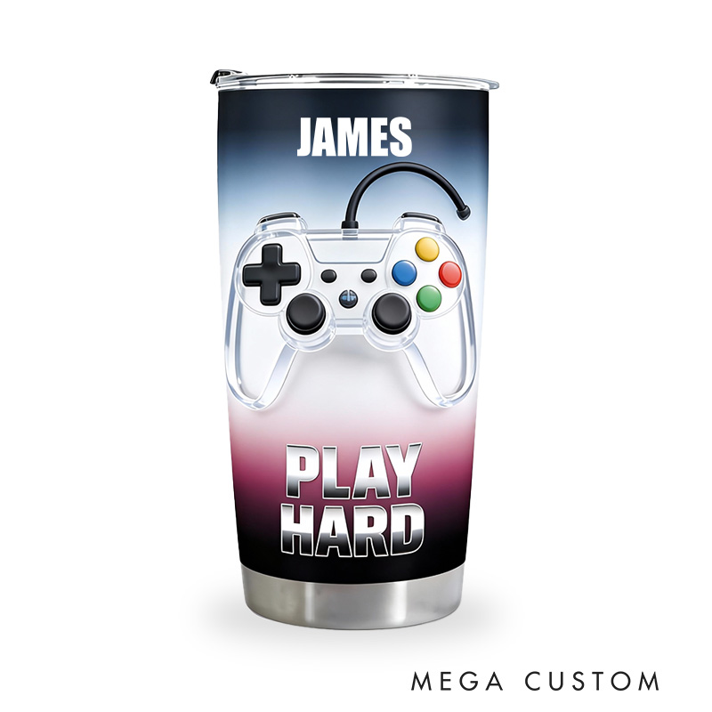 Personalized 2D Flat Fashion Play Hard 20oz Tumbler Gamer Stainless Steel Tumbler Player Controller Video Game Tumbler Gamer Gift