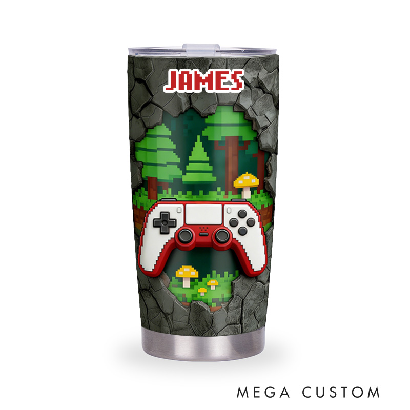 Personalized 2D Flat Pixel Forest 20oz Tumbler Gamer Stainless Steel Tumbler Player Controller Video Game Tumbler Gamer Gift