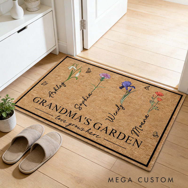 Personalized Grandma's Garden Doormat Custom Birth Flower Welcome Mat with Name for Mom Grandma Gardening Lover Family Grandma