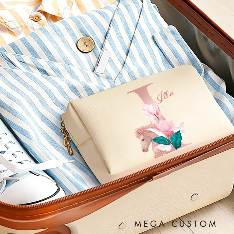 Personalized Initials Horse Makeup Tool Organizer Toiletry Bag Custom Name for Kids Travel Gifts and Daily Use Weekender Back To School Gift for Girls Riding Lovers Equestrian Lovers