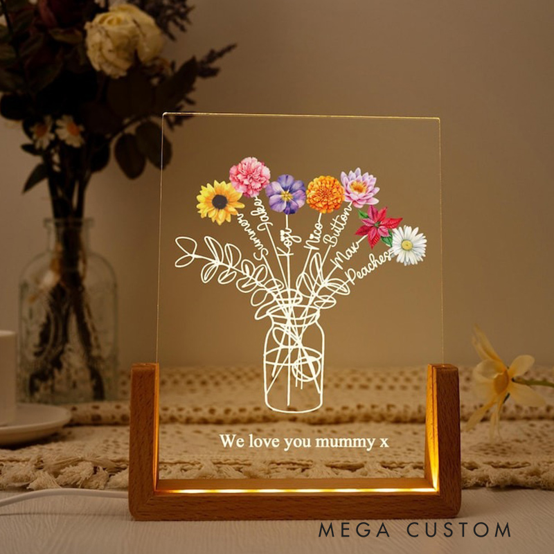 Personalized Family Bouquet Night Light Mothers Day Gift Mum's Bunch with Kids Name Birth Flower Lamp Gift for Mom 