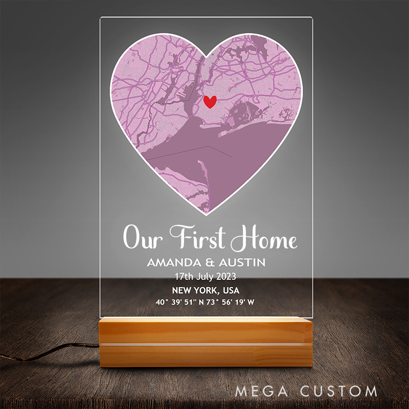 Personalized First Home Heart Map Plaque Custom LED Night Light for Couples Valentine’s Day Gift Housewarming Gift