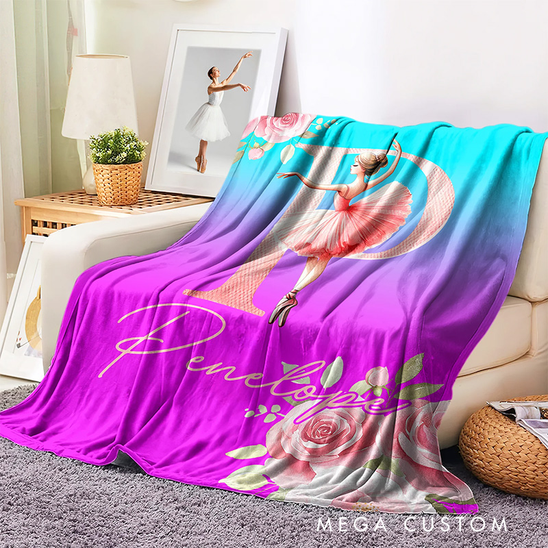 Personalized Rose Cartoon Ballerina Girl Blanket Flannel Blanket Ballet Lover Blanket with Name for Dance Lovers Dance Team Birthday Gift for Girls