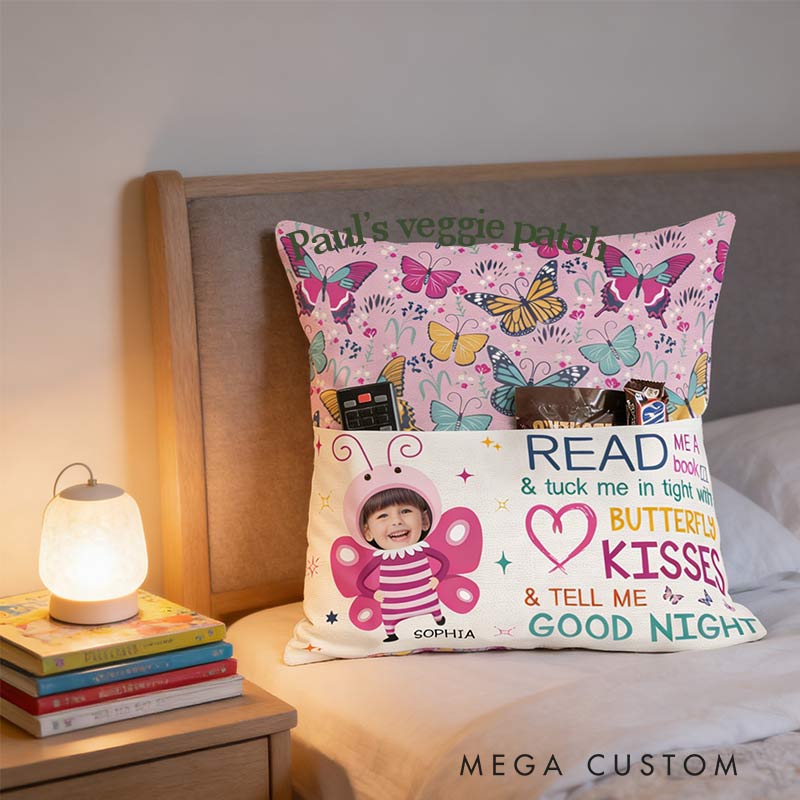 Personalized Photo Book And Butterfly Kisses Pocket Pillow with Name for Bookish Kids Book Lover Reading Lover