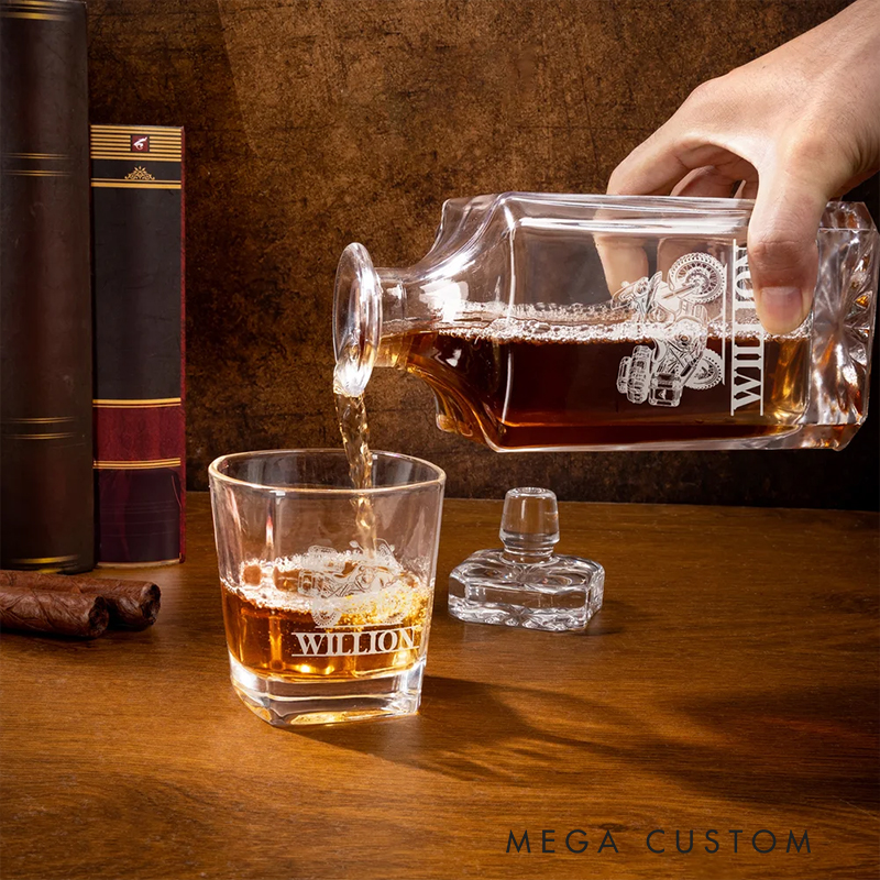 Personalized Motorcycle Gifts Custom Engraved Whiskey Decanter and Glass Set with Name Wooden Box for Biker and Whiskey Lovers