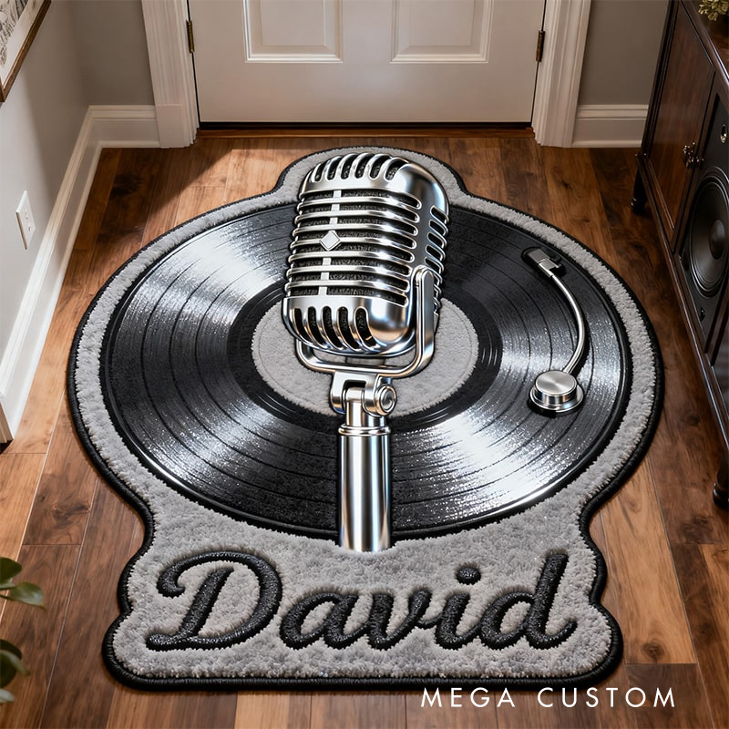 Personalized Record And Microphone Rug for Music Lovers Gift for Kids Singer Music Studio