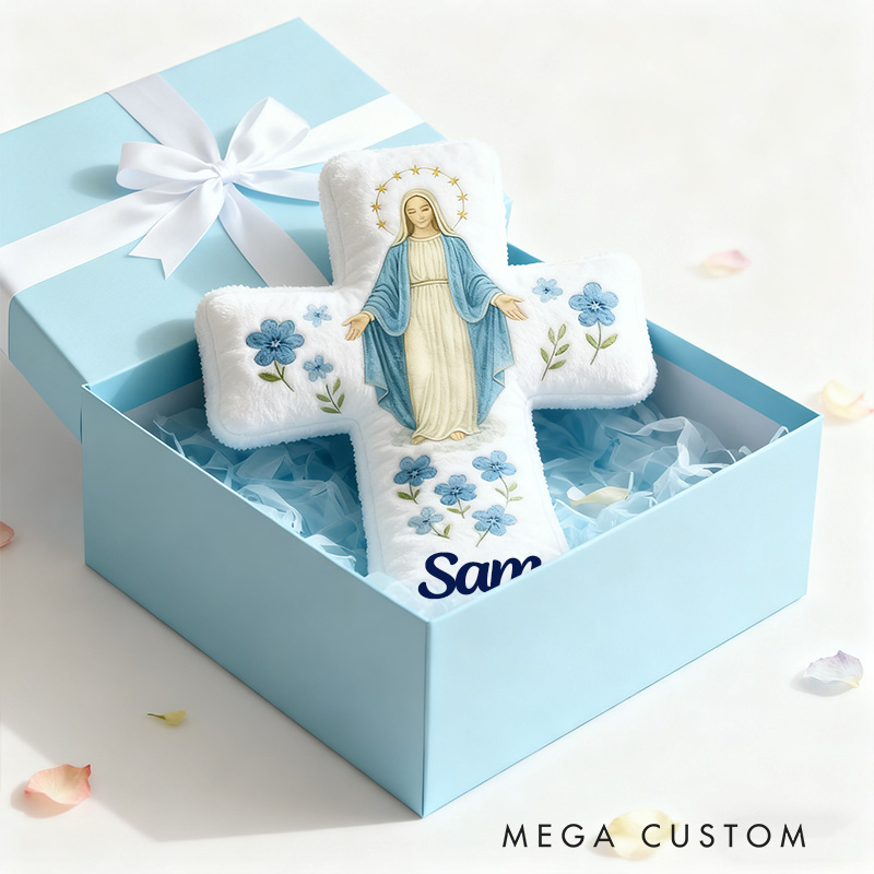 Personalized Catholic Virgin Mary Cross Pillow with Custom Name Home Decor Our Lady Pillow Blue Floral Catholic Marian Pillow Christian Gift for Women