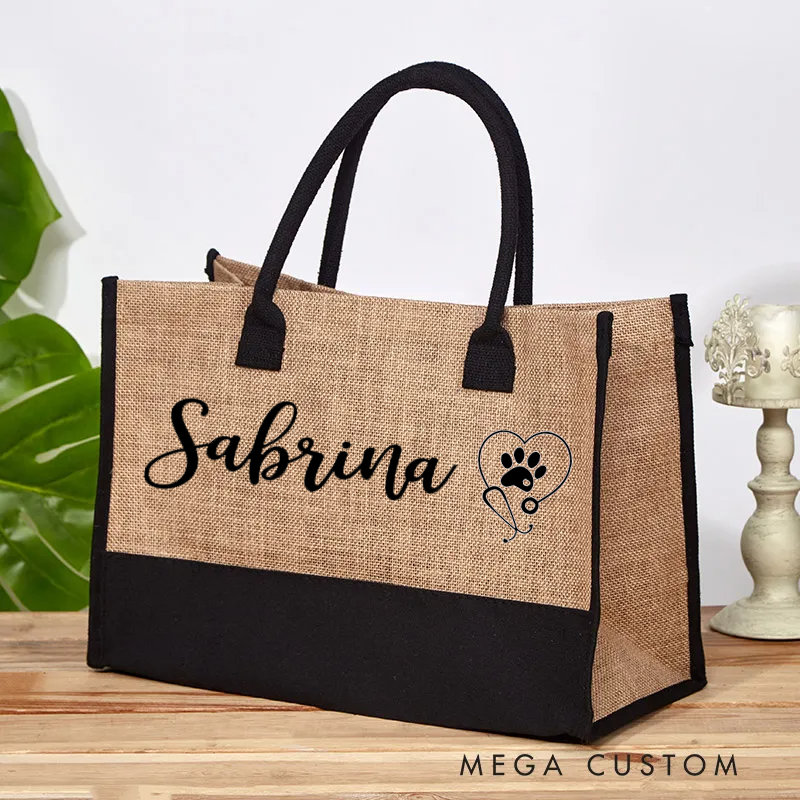 Personalized Nurse Tote Bag Custom Name Paw Stethoscope Design Bag Thoughtful Gift for Animal Nurses
