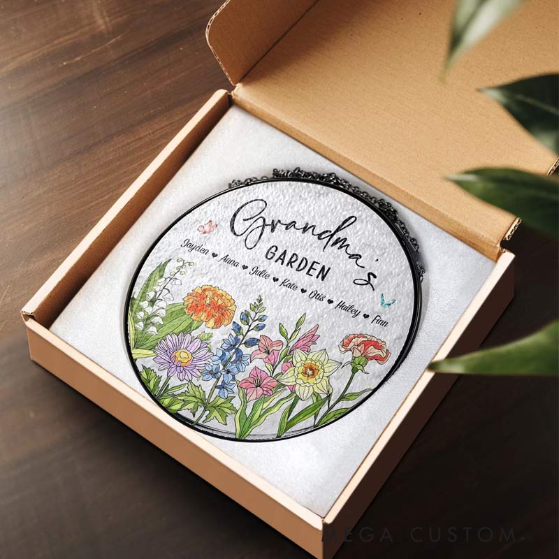 Personalized Birth Flowers Glass Art Suncatcher Grandma's Garden Gift with Name for Gardening Lovers