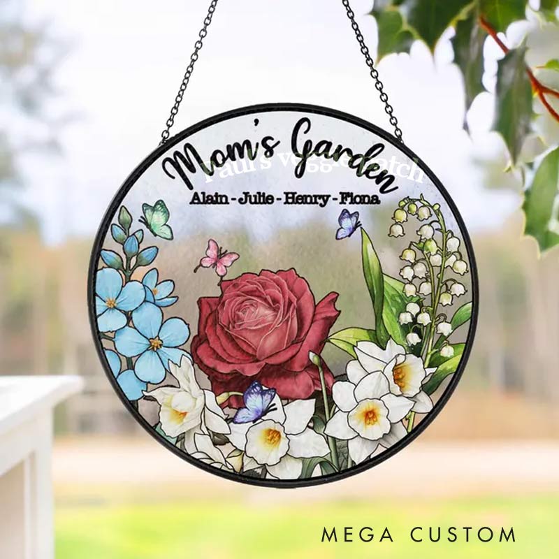 Personalized Birth Flowers Grandma's Garden Stained Glass Suncatcher with Name for Gardening Lovers