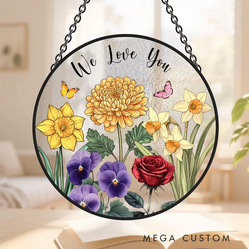 Personalized Family Birth Flowers Glass Suncatcher Home Decor with Name for Gardening Lovers