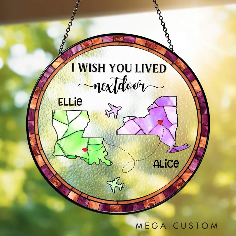 Personalized Long Distance Friendship Stained Glass Suncatcher Two Countries Ornament for Traveling Lovers 