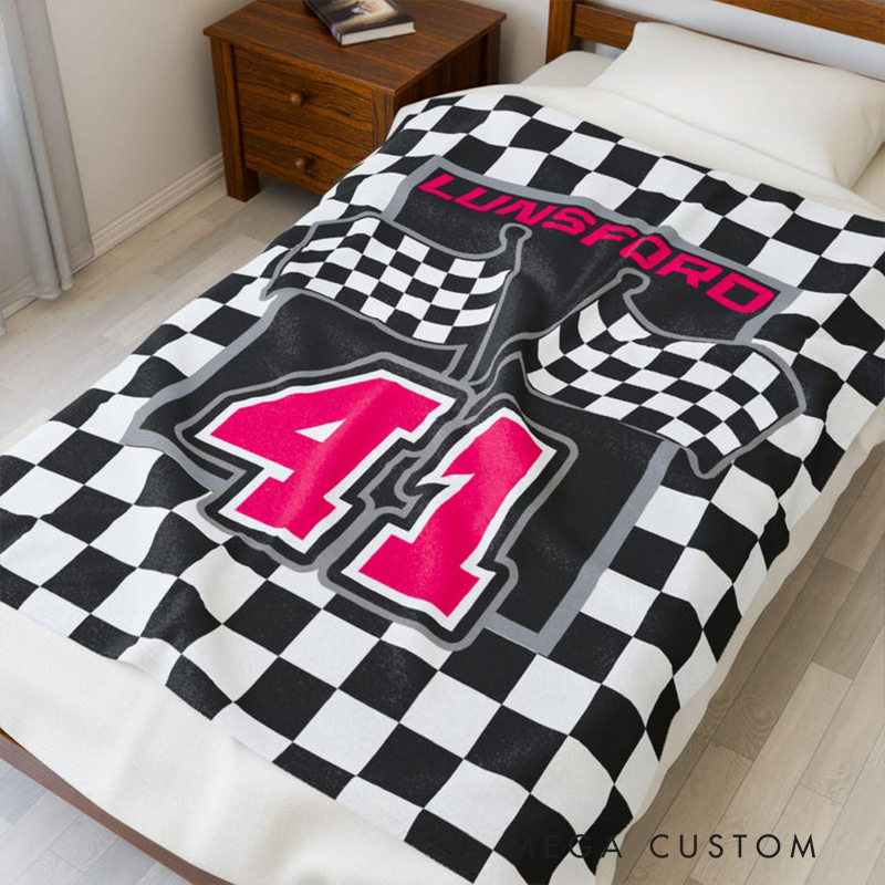 Personalized Racing Gifts Custom Name and Number Blanket with Checkerboard Flag Design Black and White Throw for Racing and Car Lovers