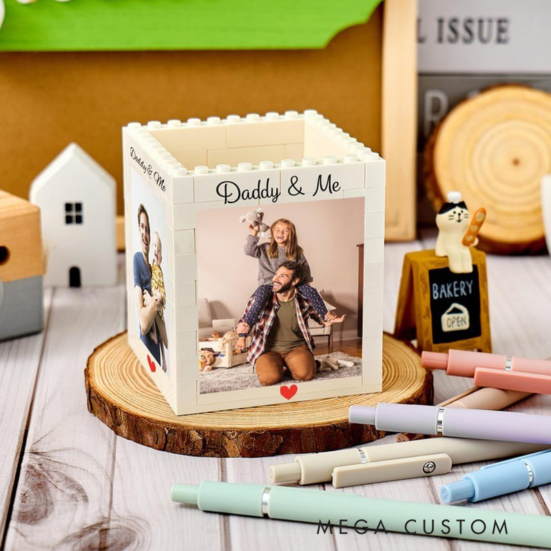 Personalised Daddy & Me Brick Photo Block Pencil Pot Brick-Inspired Organizer Customized Photo Block Pencil Holder Gifts for Dad Kids Children Student