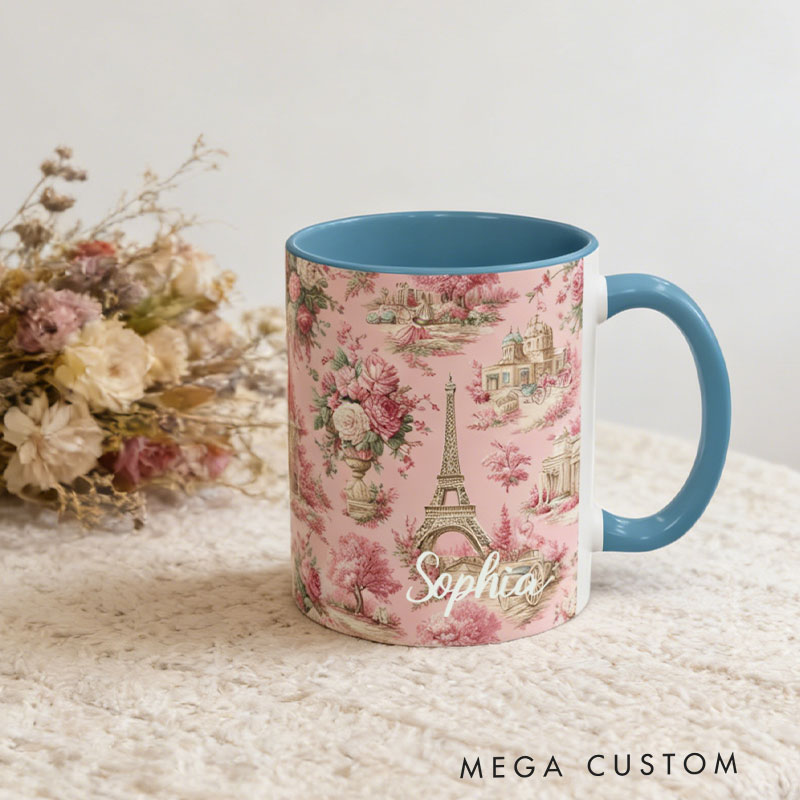 Personalized Pink Paris Toile Mug Eiffel Tower Chinoiserie Coffee Cup for Traveling Lovers