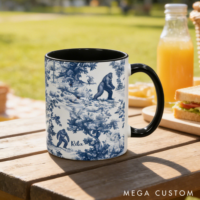 Personalized Toile-Style Mug Cryptid Lover Blue Toile Coffee Cup Paranormal Gift Outdoor Nature Lover Gift