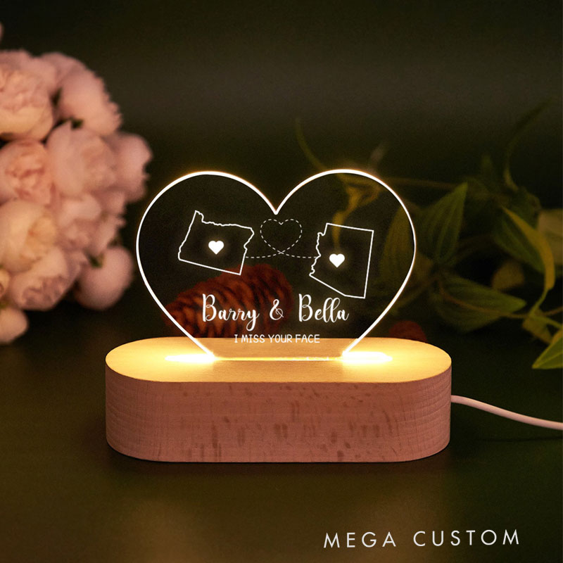 Personalized Two-State Map Night Lamp Long Distance Gift for Traveling Lovers