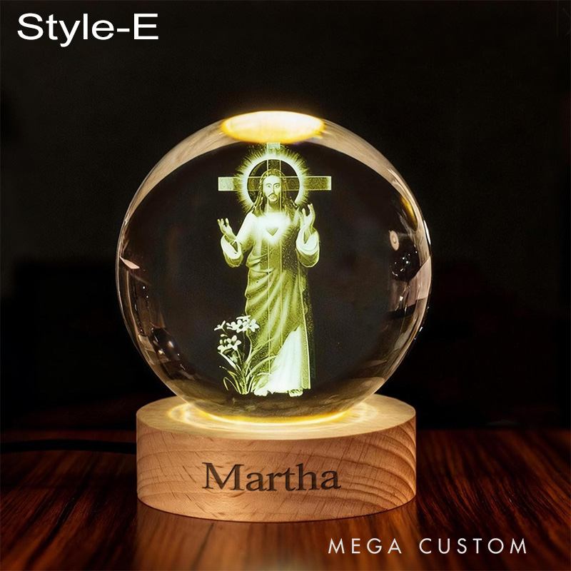 Personalized Cross 3D Engraved Crystal Ball Night Light With Custom Text in Wooden Base Home Decor Jesus Night Lamp Religious Gift Christmas Gift
