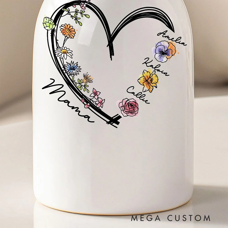 Personalized Names & Birth Flowers Vase with Heart Woman's Ceramic Vase Home Decor Mother's Day Birthday Gift for Mom Grandma