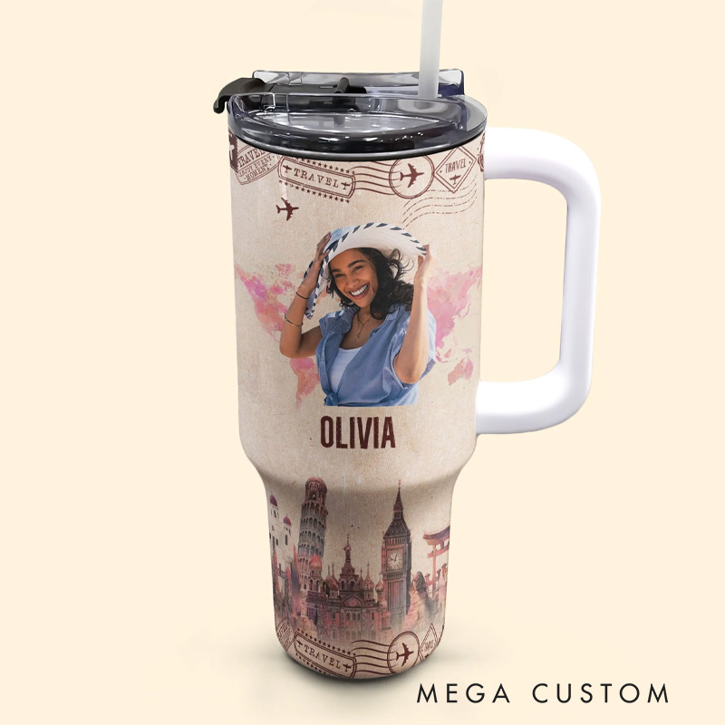 Personalized Travel is My Therapy Tumbler Photo 40oz Tumbler With Straw and Name for Traveling Lover
