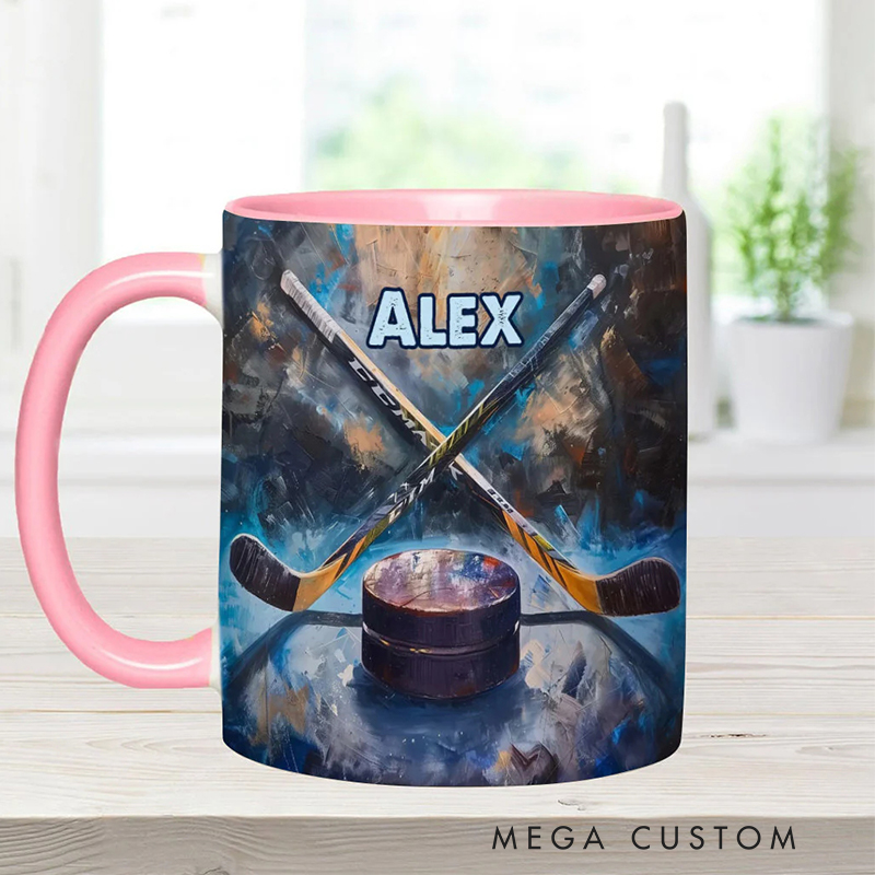 Personalized Ice Hockey Mug with Artistic Stick and Puck Design for Ice Hockey Enthusiasts