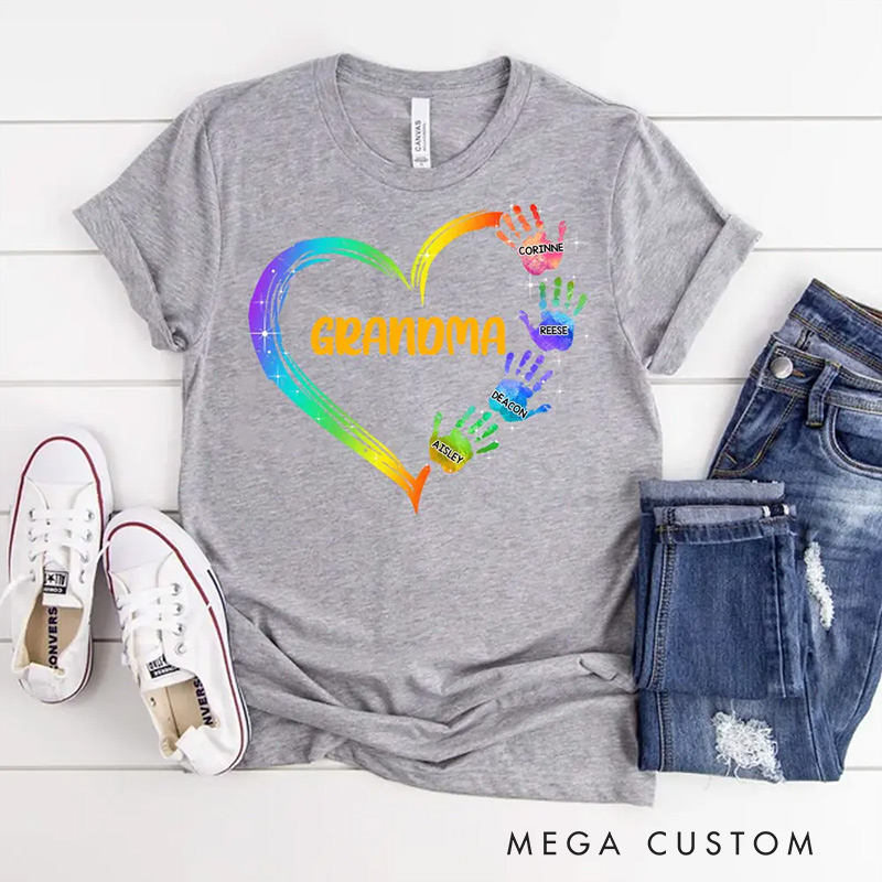 Personalized Colorful Heart Hand Print Shirt Custom Mom Grandma Shirt Grandma Heart And Hand Print Shirt Birthday Mother's Day Gift for Mom Grandma