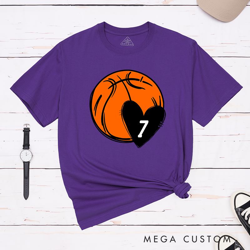 Personalized Basketball T-Shirt with Heart and Custom Jersey Number Design Perfect for Basketball Fans and Players