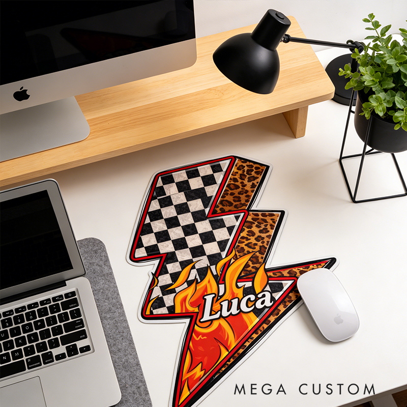 Personalized Racing Gifts Custom Name Lightning Shaped Mouse Pad with Checkerboard and Flame Design for Car Lovers