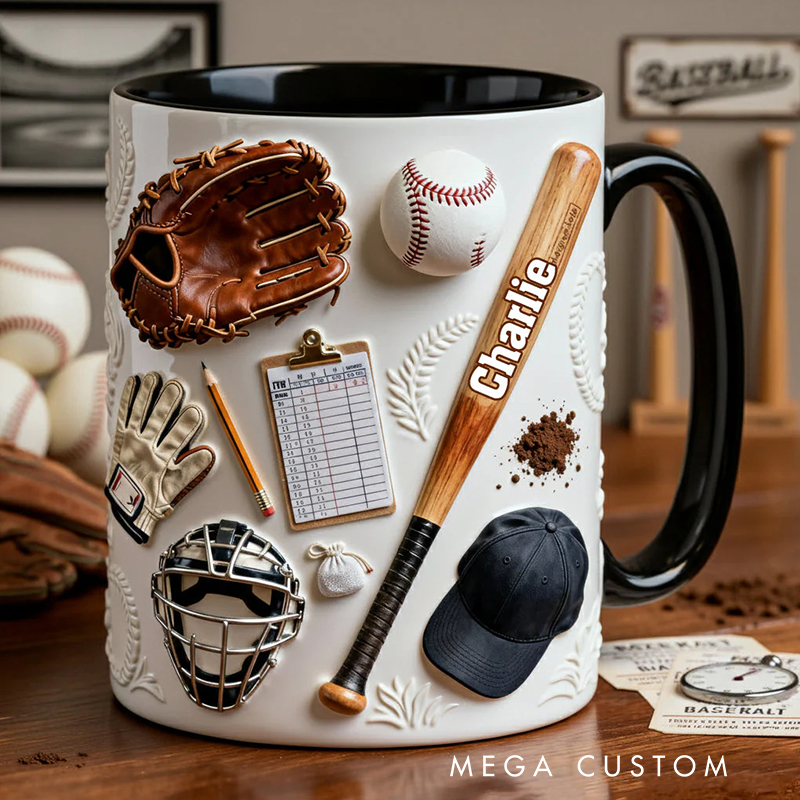 Personalized Baseball Mug with Custom Name and Sports Gear Artwork for Coaches and Baseball Fans