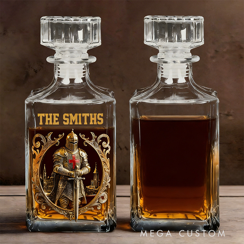 Personalized Strong Warrior Whiskey and Glass Set with Custom Initial and Name Drink Set for Family Christian Knight with Cross Whiskey Decanter Set