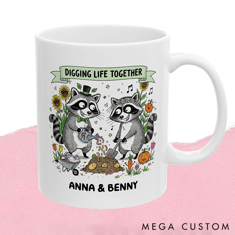 Personalized Raccoon Couple Gardening Mug with Names Cute Animal Love Illustration Custom Romantic Mug Valentine’s Day Gift
