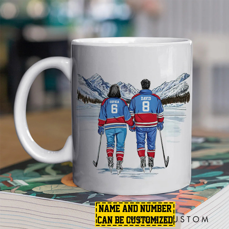 Personalized Couple’s Hockey Mug with Custom Names and Numbers for Hockey-Loving Couples