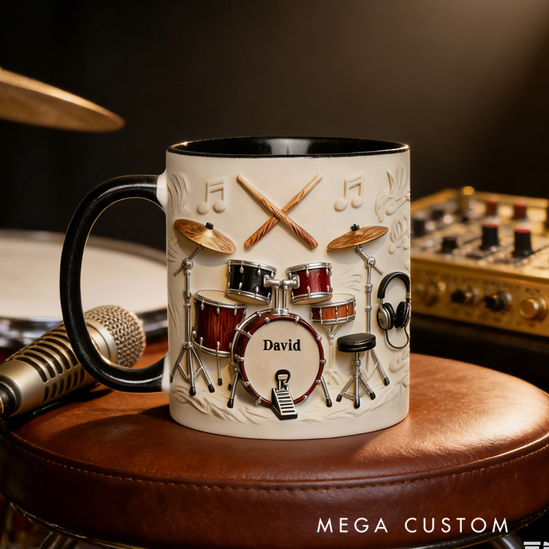 Personalized 2D Flat Name Awsome Drumer Accent Mug Custom Drum Themed Mug for Music Lovers