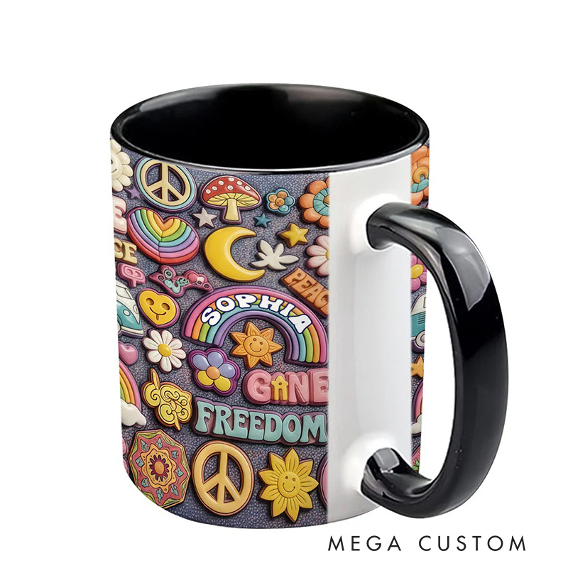 Personalized 2D Flat Hippie Living In Peace Mug Custom Name Colorful Hippie Car Hippie Coffee Mug Bohemian Coffee Mug